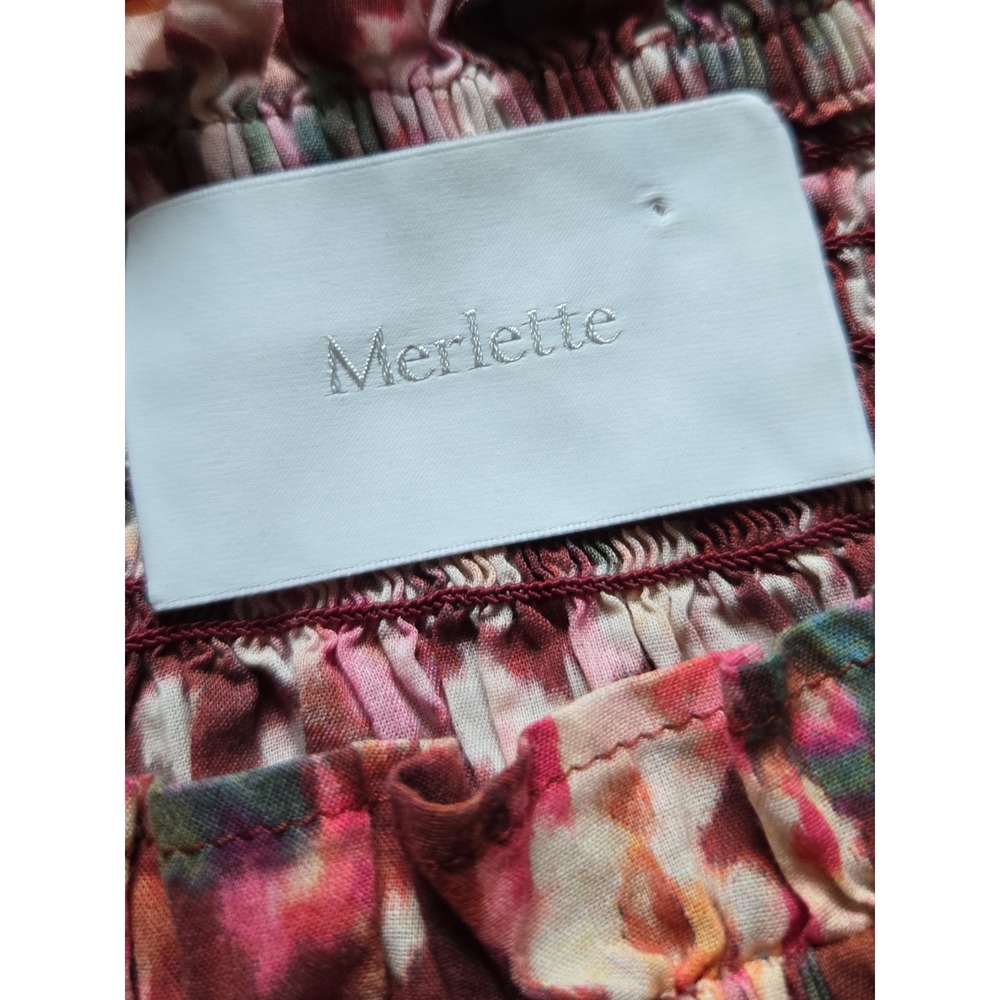 Merlette Smocked Peplum Top Burgundy Pink Abstract Floral Mock Neck Blouse - Picture 3 of 10